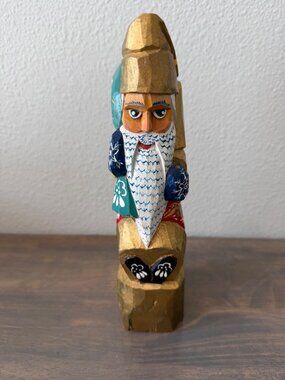 Wooden Hand Carved Painted Santa Claus Statue Figurine Missing Walking stick in